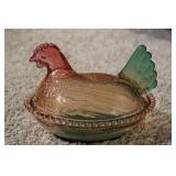 Tri-Color Glass Hen on Nest Dish/ Candy Bowl