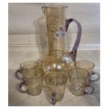 Amber Art Glass Hand Painted Pitcher & Mug Set