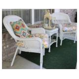 2 White Wicker Arm Chairs w/ Side Table & Decor