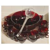 Ruby Red Glass Punch Bowl w/ 22 Cups & Ladle