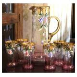 Bohemian Art Nouveau Handpainted Glass Pitcher Set
