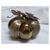 Gold Texture Ceramic Pumpkin w/ Metal Leaves