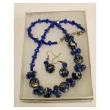 Blue Glass Bead Necklace w/ Earrings