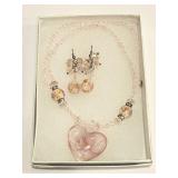 Pink Crystal Bead Heart Pendant Necklace & Earring