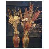 2 Drip Glaze Pottery Vases w/ Faux Foliage