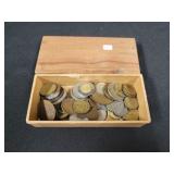 WOODEN BOX WITH ASSORTED FOREIGN COINS