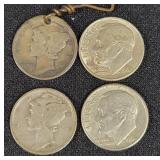 (4) SILVER DIMES: (2) ROOSEVELT - (2) MERCURY -