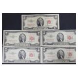 (5) SERIES 1953-A RED SEAL $2 NOTES