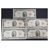 (5) SERIES 1953-A RED SEAL $2 NOTES