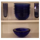 7pc. Pyrex Blue Bowls w/ Kosta Boda Bowl +
