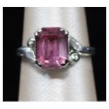 Emerald Cut Pink Stone Sterling Silver Ring