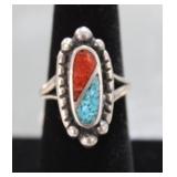 Navajo Zuni Turquoise & Coral Mosaic Marquis Ring