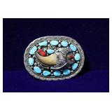 Turquoise & Coral Inlaid Sterling Bear Claw Buckle