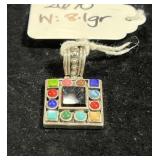 SQUARE STERLING SILVER MULTI-GEMSTONE PENDANT -