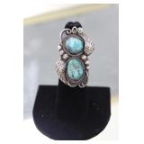 Navajo Sterling Feather w/ 2 Turquoise Stone Ring