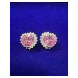 PAIR OF STERLING SILVER PINK SAPPHIRE & CZ HEART
