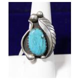 Native American Sterling Feather Turquoise Ring