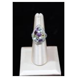 Pear Shape Halo Multi-Color Sterling Ring