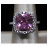 Halo Cushion Pink Square Cut CZ Sterling Ring