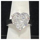STERLING SILVER HEART SHAPED WHITE STONE RING -