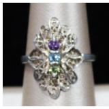 Sterling Silver Filigree Vertical Stack Gem Ring