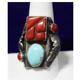 Mosaic Red Coral & Turquoise Cabochon Navajo Ring