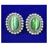 PAIR OF STERLING SILVER EARRINGS WITH OVAL GREEN