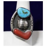 Old Pawn Navajo Turquoise & Coral Sterling Ring