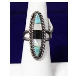 Zuni Sterling Inlay Marquise Multi Stone Ring