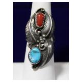 Navajo Turquoise & Coral Sterling Silver Ring
