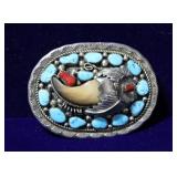 Turquoise & Coral Inlaid Sterling Bear Claw Buckle