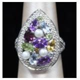 Pear Shape Halo Multi-Color Sterling Ring