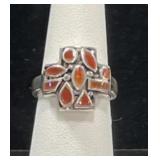 STERLING SILVER & GEOMETRIC RED STONES RING -