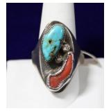 Navajo Sterling Silver Turquoise & Coral Ring