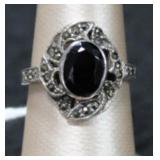 Faceted Oval Black Onyx w/ Marcasite Silver Ring