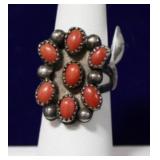 Navajo Sterling Silver Red Coral Cluster Ring