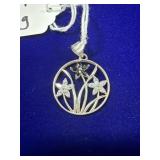 ROUND STERLING SILVER PENDANT W/ FLORAL & STEM