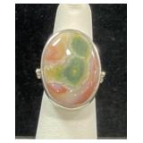STERLING SILVER & MOSS AGATE RING - 13.8GR -