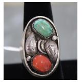 Navajo Royston Turquoise & Red Coral Stone Ring