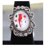 Navajo Zuni Sterling Inlay Cardinal Bird Ring