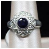 Art Deco Style Blue Sapphire Sterling Ring
