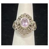 STERLING SILVER & AMETHYST ART DECO STYLE RING -