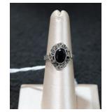 Faceted Oval Black Onyx w/ Marcasite Silver Ring