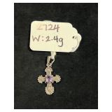 SMALL STERLING SILVER CROSS PENDANT W/ PURPLE