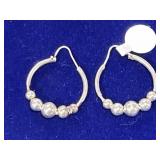 PAIR OF STERLING SILVER BEADED HOOP EARRINGS -
