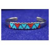 Navajo Chip Turquoise/Coral Heart Silver Bracelet