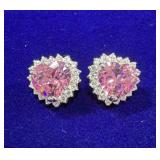 PAIR OF STERLING SILVER PINK SAPPHIRE & CZ HEART