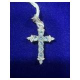 STERLING SILVER AQUAMARINE & WHITE GEMSTONE CROSS