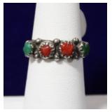 Red Coral & Turquoise Sterling Navajo Ring