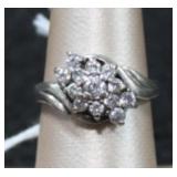 Sterling Silver CZ Floral Cluster Bypass Ring